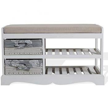 Panca Contenitore Rebecca Mobili in Legno e Vimini, Stile Shabby, Bianco
