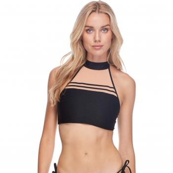 Body Glove Women's Ingrid Strappy Back High Neck Crop Bikini Top, Scandal Ribbed Black, Medium