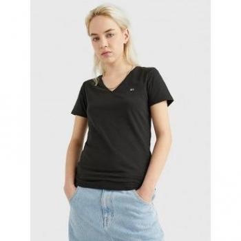 Tommy Jeans T-shirt Donna Maniche Corte Collo A V Nera XS