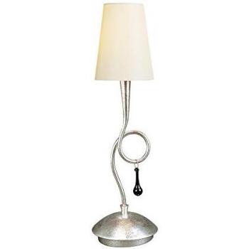 Silber‑Creme Tischlampen „Paola“ – Inspirierendes Mantra, 1 Licht E14, schwarze Gläsertröpfchen