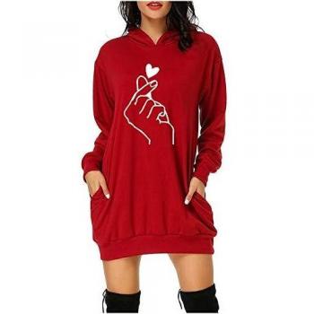 Adaoxy Damen Kapuzenpullover Kleid Herbst Winter Rot