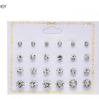 12 Pairs Women's Stud Earrings with Color Zircon