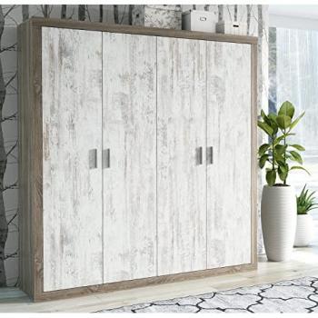 Rangement PEGANE : Armoire en bois chêne truffe, couleur blanc vieilli (196 × 50,20 