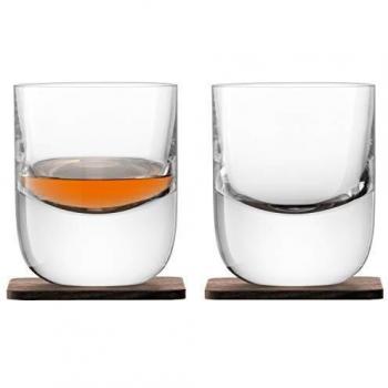 LSA International Renfrew Whisky Glasses (Clear), Set of 2 with Handcrafted Wood Coasters