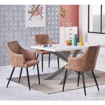 Duke Dining Set – Zarah White Wood Table with 4 Beige Leather Chairs