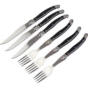 Juego de mesa Laguiole: cuchillos y tenedores para carne con mango negro de ABS, acero inoxidable