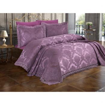 Coperta matrimoniale Lalezar Chenille 235x250 con copertura e foderina da cuscino in tessuto jacquard, doppia misura, colore prune