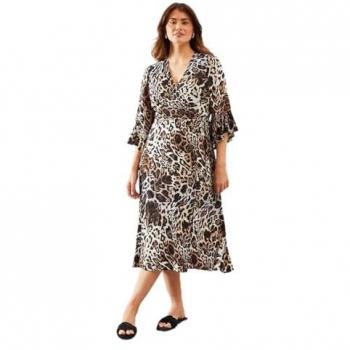 Mid‑Length Leopard Wrap Ruffle Dress – Natural Color – Size 12