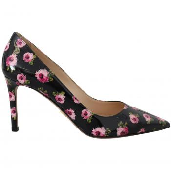 Black Leather Floral Heels Stilettos Pumps