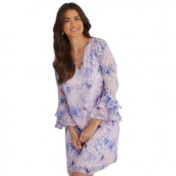 Blue Viscose Floral Metallic Ruffle-Sleeve Shift Dress for Women (UK Size 12)