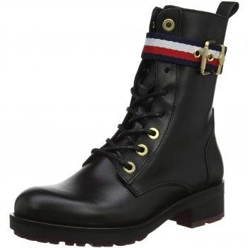Tommy Hilfiger Damen Corporate Belt Biker Combat Boots, Schwarz