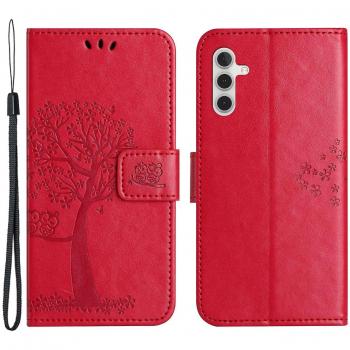Housse portable Samsung Galaxy A14 4G – Design hibou et arbre, porte-cartes rouge