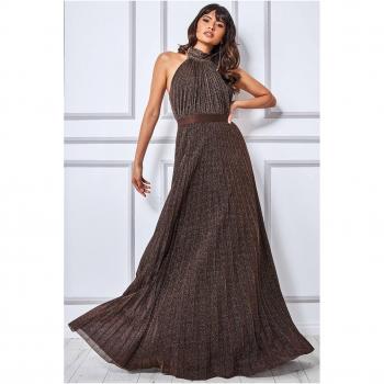 Goddiva Exclusive Lurex Halterneck Pleated Maxi