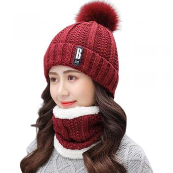 Warm Knit Beanie Hat and Scarf Set with Fleece