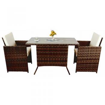 VCM 3-tlg. Balkonmöbel Set Rattan mit Glas Tisch und Stühlen