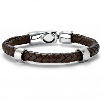 Pulsera Cuero Trenzado con Bordes Plateados – Estilo Caballero