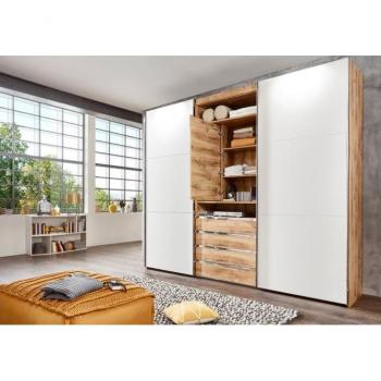 Ebern Designs Branchburg 2‑Door Sliding Storage Unit – White/Brown, 236 cm H × 300 cm W × 65 cm D