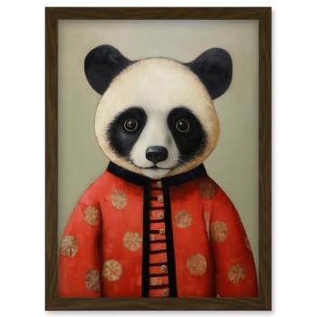 Panda Kid in Cultural School Attire – Artery8 Wall Print, A4 Size, Brown Frame