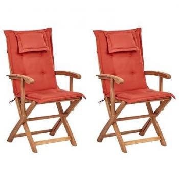 Set di 2 sedie da pranzo da esterno in legno chiaro con cuscino rosso