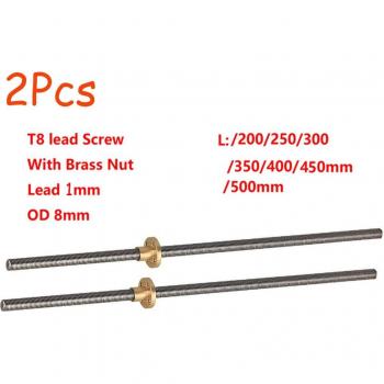 T8 Leidspindel 2 stuks OD 8mm Spoed 2mm Lengte 400mm met Messing Moer voor 3D Printer Z-As