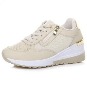 AJVANI Beige Mid‑Wedge Lace‑Up Trainer with Gold Zip – 7 US