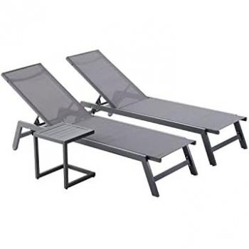 Lot de 2 transats inclinables et table d'appoint gris/noir