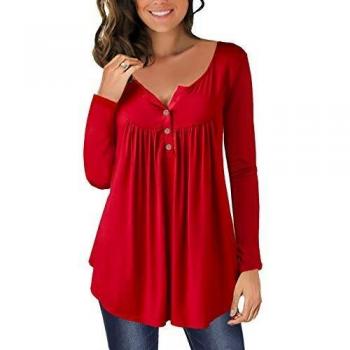 Long Sleeve Red Pleated Crew-Neck Top for Women