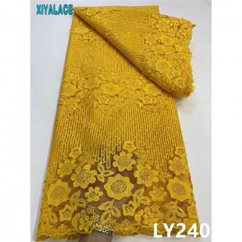 African Sequins Lace Fabric 5 Yards MilkSilk with French Embroidery KSLY240