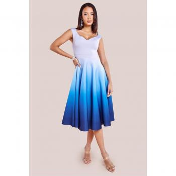 Goddiva Light Blue Scuba Ombre Bardot Midi