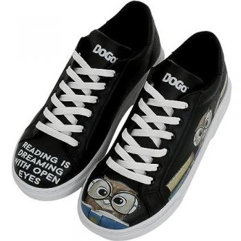 DOGO Damen‑Vegan‑Sneaker Ace – Low‑Top, „The Wise Owl“, schwarz, Lederimitat
