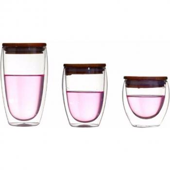 Clear Double Wall Glass Coffee Cup with Bamboo Lid