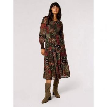 Patchwork Apricot Green Midi Dress in Chiffon – 10 Women’s