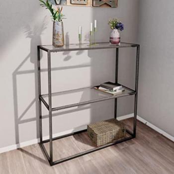 Tavolo a Consolle in Metallo Nero con 2 Piani in Vetro Temperato 85 x 80 x 30 cm