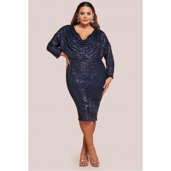 Plus Size Navy Sequin Cowl Neck Midi Dress by Goddiva