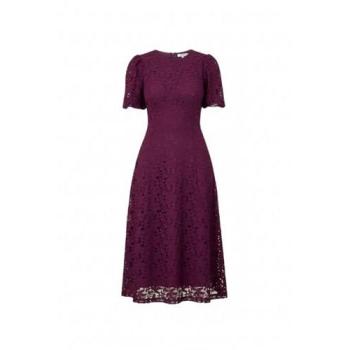 Mid-Length Burgundy Lace Dress, Puff Sleeves – Yumi