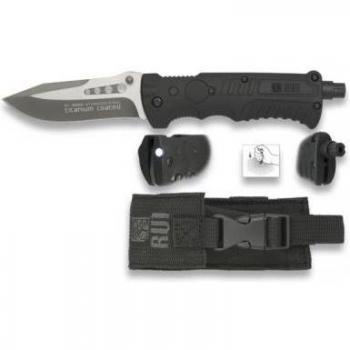 Rui Black Tactical Blade – 9,5 cm con baño de titanio y pedernal en caja