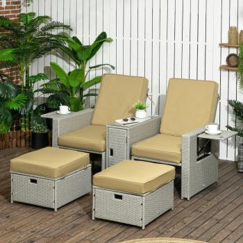 Outsunny 5-piece PE rattan sun lounger with storage tea table and footstools