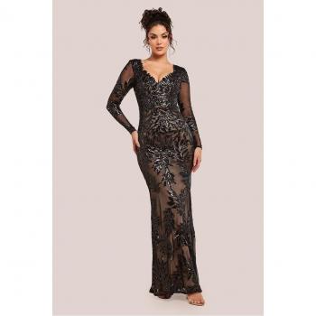 Stunning Sequin Leaf Maxi Dress with Long Sleeves in Black