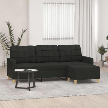 180 cm Black Fabric 3-Seater Sofa with Footstool