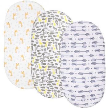 3 Pack Baby Bassinet Fitted Sheets, 100% Cotton, Oval Mattress Compatible