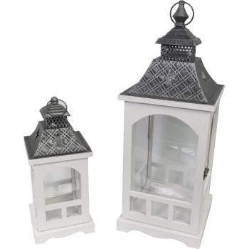 Lanterne Cadran Bois-Métal 1/2, Couleur Blanc Argent, Dimensions 22×22×59 mm