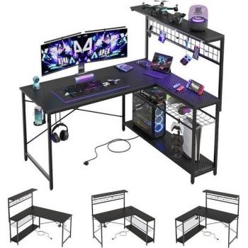 Bureau à angle 130 cm, forme L, avec prises, éclairage LED, étagères, ordinateur réversible, crochets pour chambre ou domicile