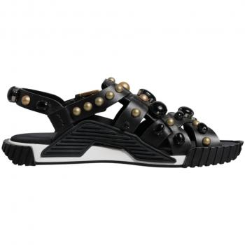 Black Leather Embellished Slide Shoes – EU42/US9