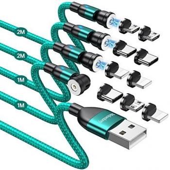Melonboy 3 in 1 Magnet Ladekabel, 360° und 180° drehbar, [4 Stück 1m+1m+2m+2m], Nylon, kompatibel mit Micro USB/Typ C