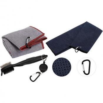 Pure Cotton Golf Towel and Brush Set with Club Groove Cleaner, Retractable Cord, Gray & Black