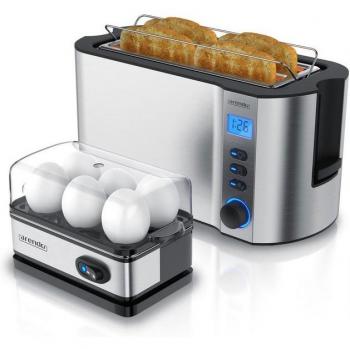 Arendo Breakfast Combo: Langschlitz-Toaster 4 Scheiben & Eierkocher für 6 Eier – Silber