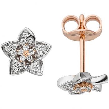 Damen Ohrstecker Blume 585 Gold Rotgold Weißgold bicolor 40 Diamanten Brillanten