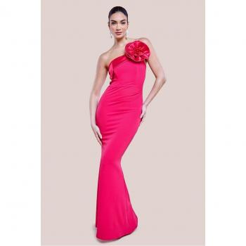 Elegant Magenta Satin Corsage Gown