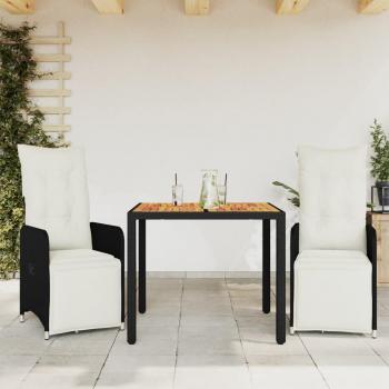 3-Piece Black Rattan Garden Bistro Set with Cushions