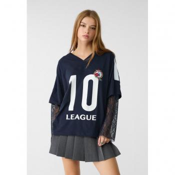Navy Stradivarius Oversize Football Top with Lace Design – XS